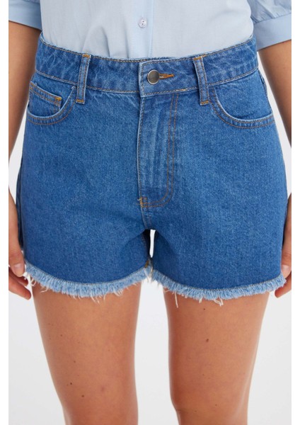 Kadın Koyu Renk Yüksek Bel Denim Şort Mavi