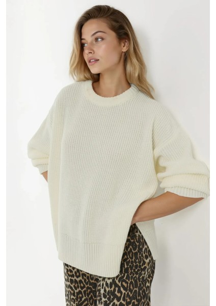 Kadın Dokulu Bisiklet Yaka Triko Kazak Fildişi Doğal