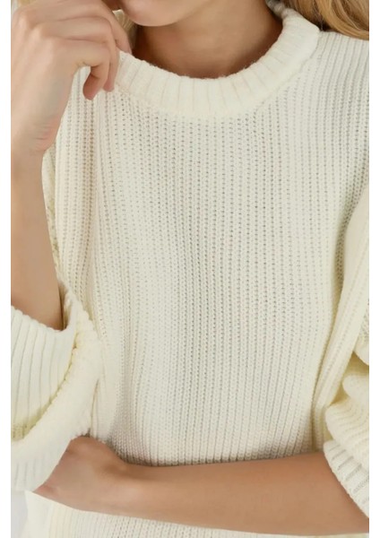 Kadın Dokulu Bisiklet Yaka Triko Kazak Fildişi Doğal