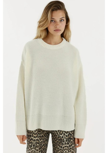 Kadın Dokulu Bisiklet Yaka Triko Kazak Fildişi Doğal