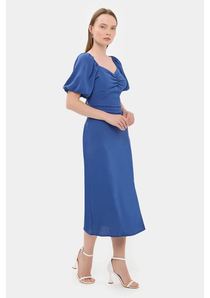 Kadın Yandan Yırtmaçlı Sweetheart Yakalı Midi Elbise Kobalt Mavisi