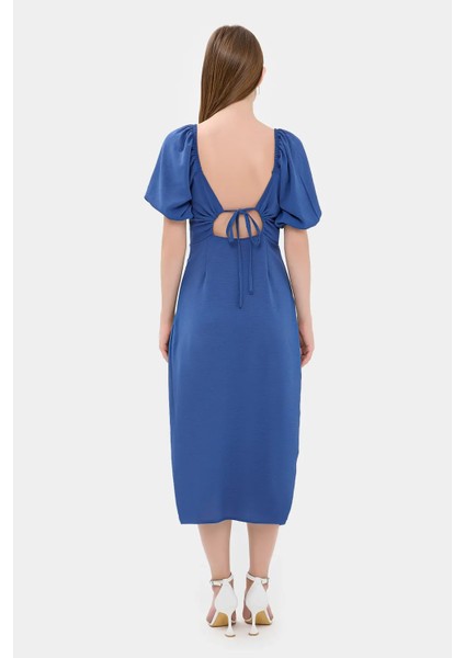 Kadın Yandan Yırtmaçlı Sweetheart Yakalı Midi Elbise Kobalt Mavisi