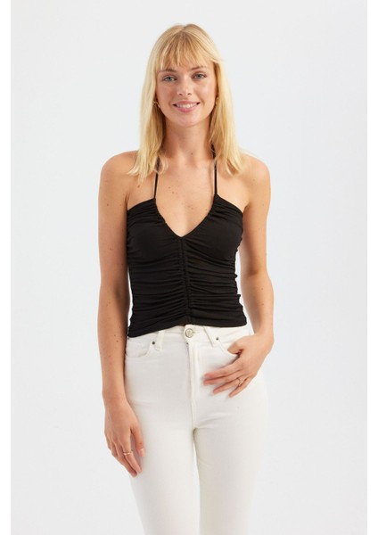 Kadın V Yaka Askılı Üst Siyah