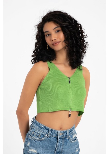 Kadın V Yaka Örme Fitilli Fermuarlı Crop Top Yeşil
