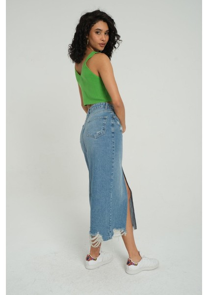 Kadın V Yaka Örme Fitilli Fermuarlı Crop Top Yeşil