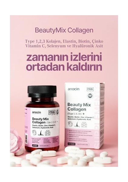 Anocin Beauty Mix Collagen Tip I,ıı,ııı +Elastin,biotin,zinc, Vitamin C, Selenyum, Hyaluronic Acid, Kolajen modelleri