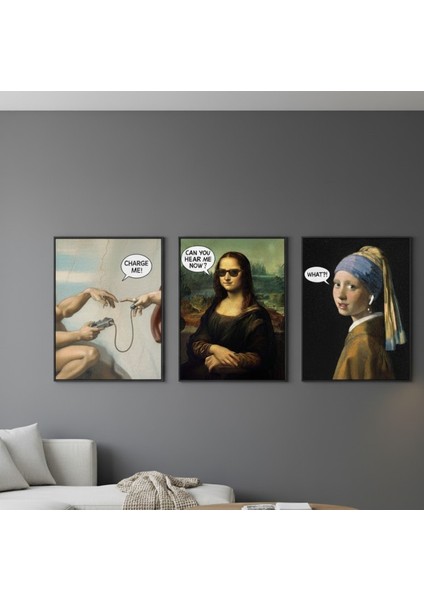 Ünlü Tablolar Komik Reprodüksiyon 3'lü Set | Pop Art Modern Duvar Dekoru Çerçeveli Tablo