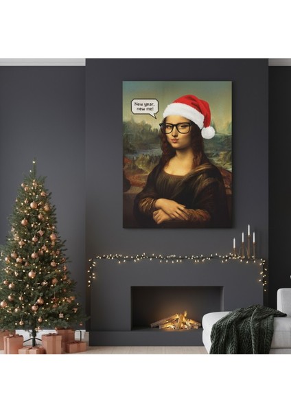 Mona Lisa Yeni Yıl Şapkası Komik Reprodüksiyon Kanvas Tablo | Pop Art Yılbaşı Duvar Dekoru