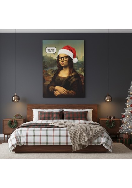 Mona Lisa Yeni Yıl Şapkası Komik Reprodüksiyon Kanvas Tablo | Pop Art Yılbaşı Duvar Dekoru fiyatları