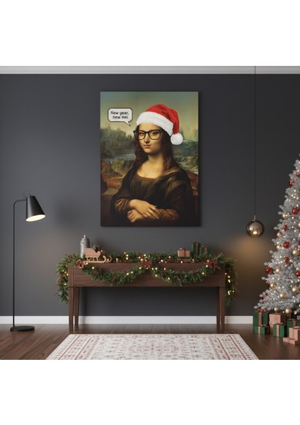 Mona Lisa Yeni Yıl Şapkası Komik Reprodüksiyon Kanvas Tablo | Pop Art Yılbaşı Duvar Dekoru modelleri