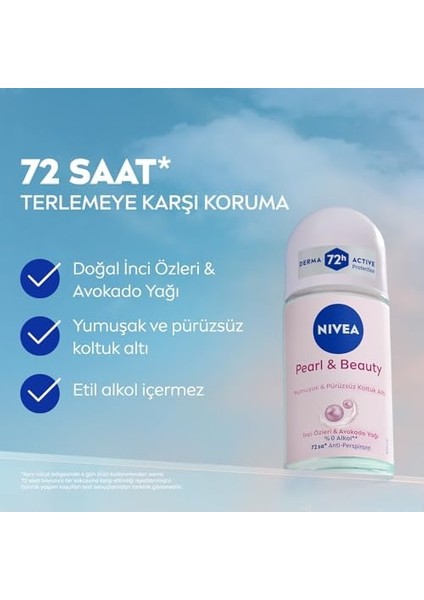 nıvea kadın roll on deodorant pearl&beauty 50 ml,72 saat terlemeye karşı anti perspirant koruma,çiçeksi pudra kokusu,yumuşak koltuk altı,avokado yağı,inci özleri, ıçermez modelleri