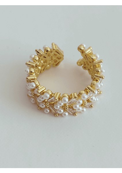 Küçük İnci Sıralı Altın Detaylı Gold Yüzük