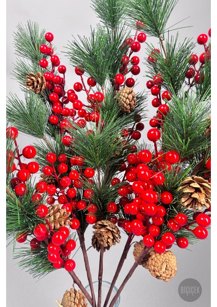 Kokina 75 cm 60 Meyveli ve Kozalaklı Yılbaşı Bitkisi Tek Dal