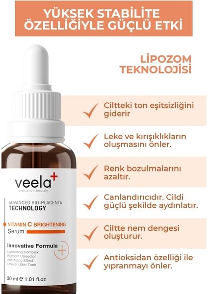 Veela Vitamin C Brightening Serum – Leke Karşıtı ve Leke Görünümü Azaltıcı & Aydınlatıcı Cilt Serumu | Liposom Teknolojisi ile Yüksek Stabilite, Anti Aging Effect 30 ml