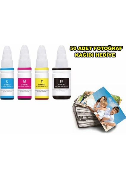 Canon GI-490 G3400 4 Renk Muadil Mürekkep Seti + Canon Uyumlu 50 Adet Fotoğraf Kağıdı Hediye