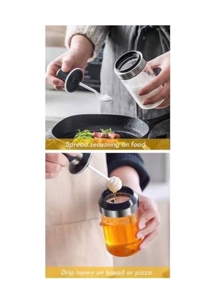 ve Ballık Seti, 4&apos;lü Kavanoz Seti, Kendinden Kaşıklı, Siyah Kapaklı 300 ml modelleri