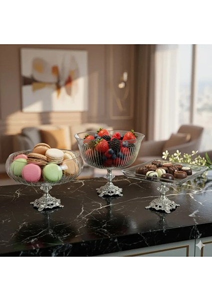 Gümüş Detaylı Metal Ayaklı 3 Parça Sunum ve Servis Seti
