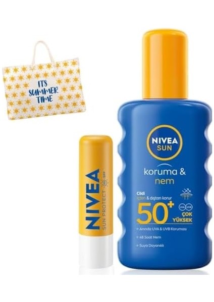 Nıvea Sun Koruma ve Nem Vücut Spreyi 200ML ve Yüksek Güneş Korumalı Dudak Bakım Kremi, SPF50, Çanta Hediye