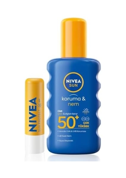 Nıvea Sun Koruma ve Nem Vücut Spreyi 200ML ve Yüksek Güneş Korumalı Dudak Bakım Kremi, SPF50, Çanta Hediye modelleri