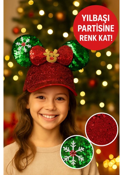 Parlak Payetli Yılbaşı Şapkası - Kırmızı Yeşil Geyik Figürlü Noel Partisi Aksesuarı
