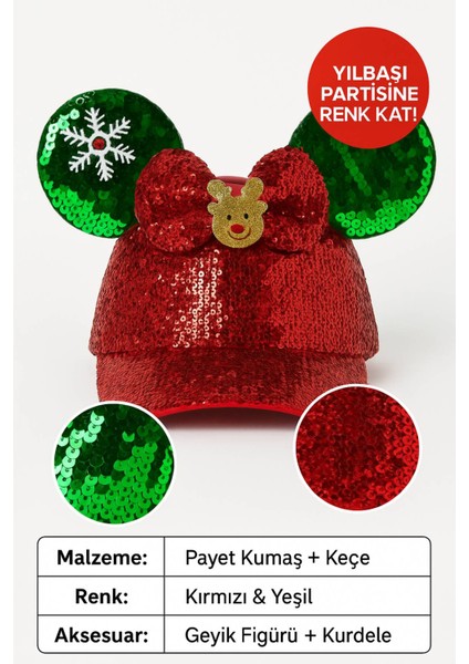 Parlak Payetli Yılbaşı Şapkası - Kırmızı Yeşil Geyik Figürlü Noel Partisi Aksesuarı fiyatları