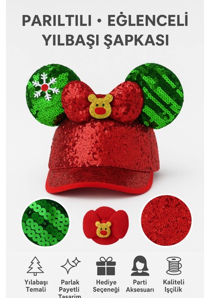 Parlak Payetli Yılbaşı Şapkası - Kırmızı Yeşil Geyik Figürlü Noel Partisi Aksesuarı modelleri