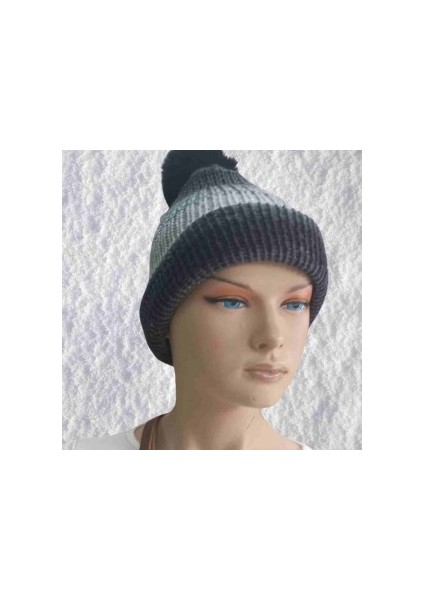 El Örgüsü Doğal Yün ve Akrilik Karışımlı Sıcacık Kış Beresi Koyu Gri Karışık Renk