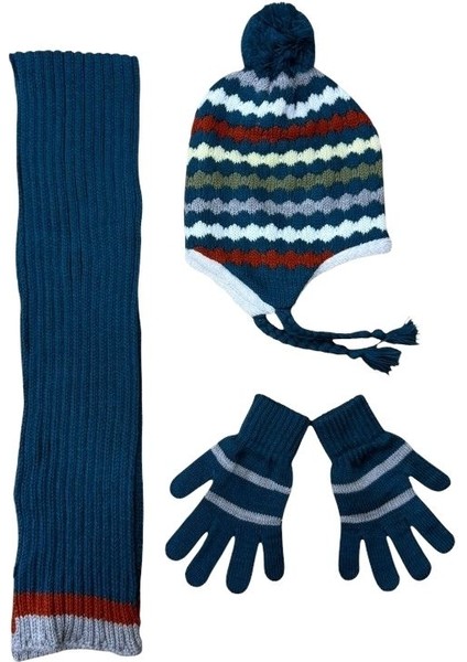 3'lü Çocuk Triko Atkı Bere Eldiven Seti (3-7 Yaş) – Kışlık Aksesuar Takımı Lacivert