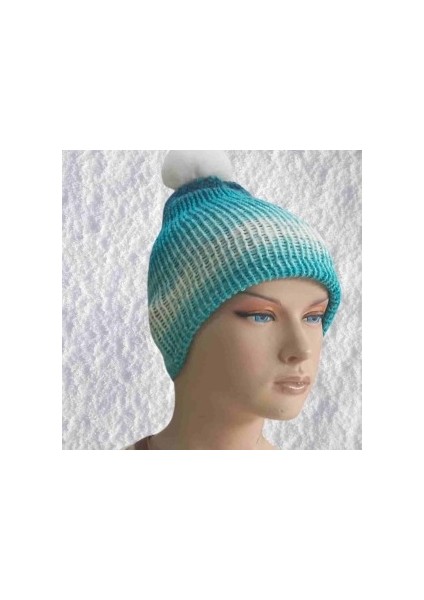 El Örgüsü Doğal Yün ve Akrilik Karışımlı Sıcacık Kış Beresi Mavi Karışık Renk