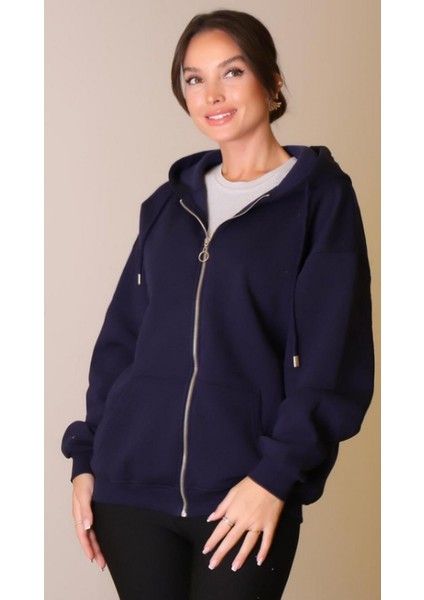 Kadın Kapüşonlu Üç Iplik Owersize Fermuarlı Sweatshirt Lacivert