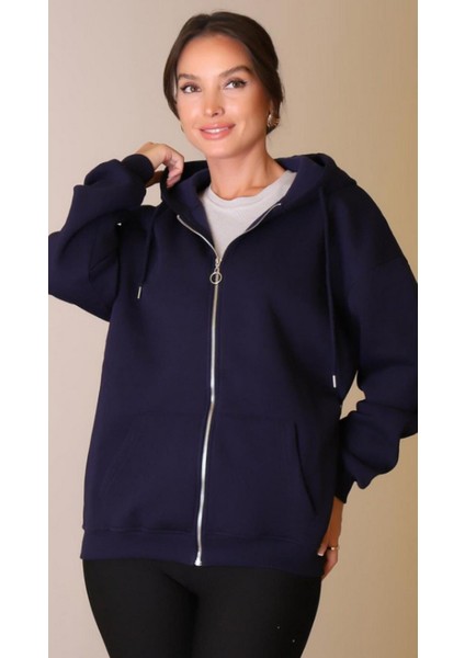 Kadın Kapüşonlu Üç Iplik Owersize Fermuarlı Sweatshirt Lacivert fiyatları