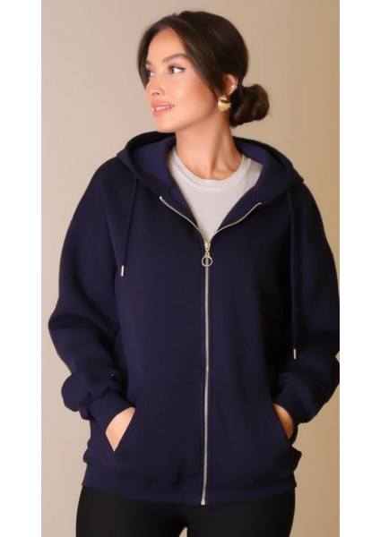 Kadın Kapüşonlu Üç Iplik Owersize Fermuarlı Sweatshirt Lacivert modelleri