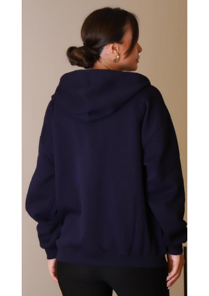 Kadın Kapüşonlu Üç Iplik Owersize Fermuarlı Sweatshirt Lacivert fırsatları