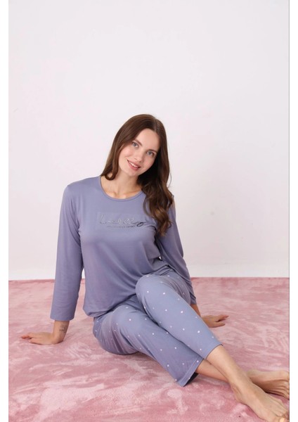 Kadın Milan Kumaş Bisiklet Yaka Koyu Lila Pijama Takımı