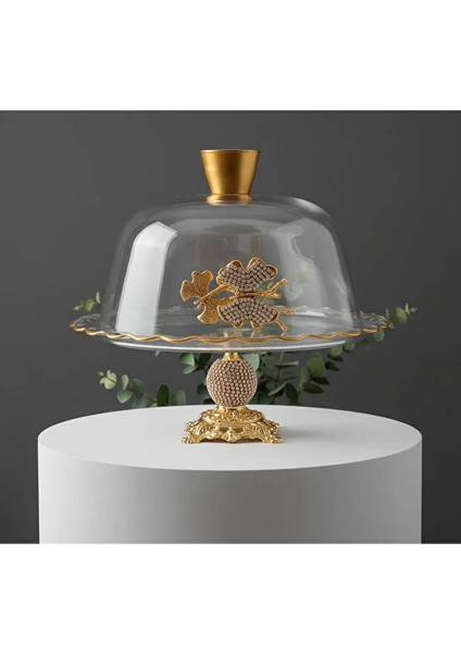 Gold Metal Ayaklı Cam Kapaklı Kek-Pasta Standı- Fanus