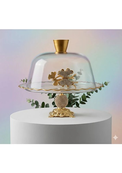 Gold Metal Ayaklı Cam Kapaklı Kek-Pasta Standı- Fanus fiyatları