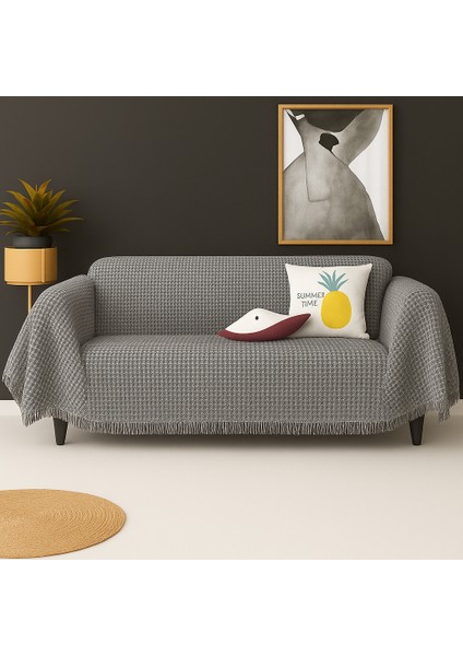 Pamuklu Dokulu Ekru Koltuk Şalı 170X220 cm – Saçaklı Tv Battaniyesi & Dekoratif Koltuk Örtüsü