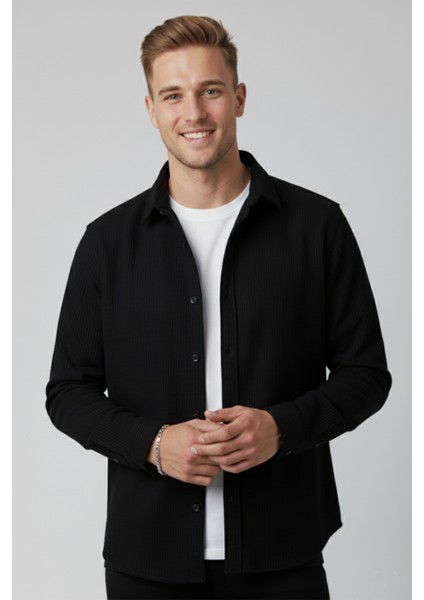 Erkek Siyah Kadife Fitilli Rahat Kesim Gömlek Yumuşak Dokulu Likralı Kadife Gömlek 2600758