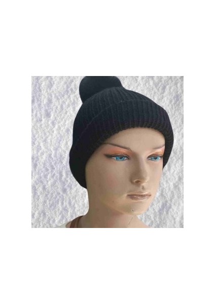 El Örgüsü Doğal Yün ve Akrilik Karışımlı Sıcacık Kış Beresi Siyah Renk