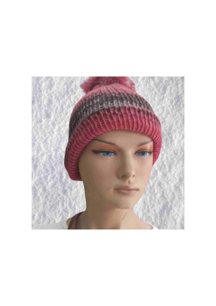 El Örgüsü Doğal Yün ve Akrilik Karışımlı Sıcacık Kış Beresi Koyu Pembe Karışık