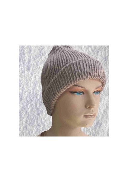 El Örgüsü Doğal Yün ve Akrilik Karışımlı Sıcacık Kış Beresi Vizon Renk