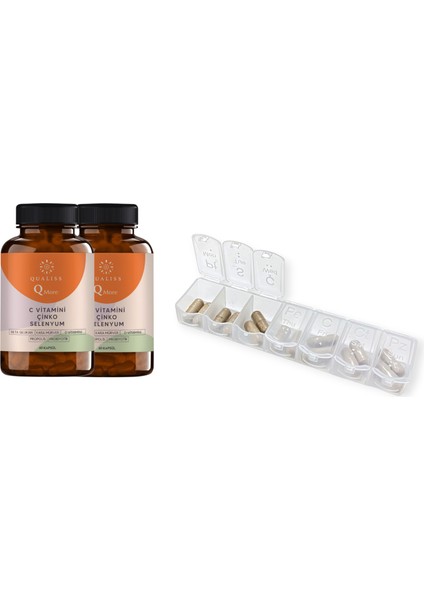 2 Li Qualiss Q More Bağışıklık Destek Takviyesi | C Vitamini + Çinko + Selenyum + Propolis + Beta Glukan + Probiyotik | 2*60 Kapsül + Haftalık Vitamin Hap Kutusu (Set)