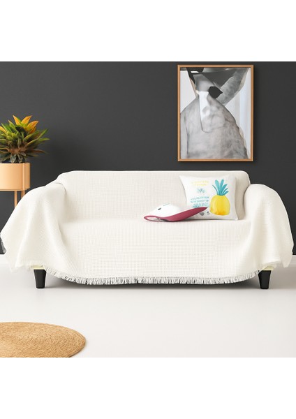 Pamuklu Dokulu Ekru Koltuk Şalı 170X220 cm – Saçaklı Tv Battaniyesi & Dekoratif Koltuk Örtüsü