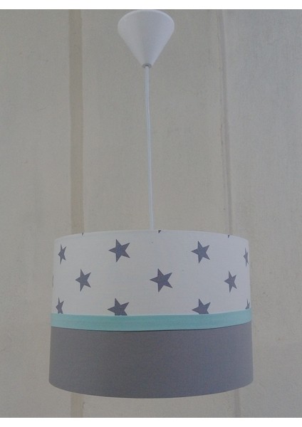 Beyaz Yıldızlı M-0363 Yeşil Şerit Kumaş Kaplama Çocuk Odası ve Bebek Odası Avize Aydınlatma Sarkıt