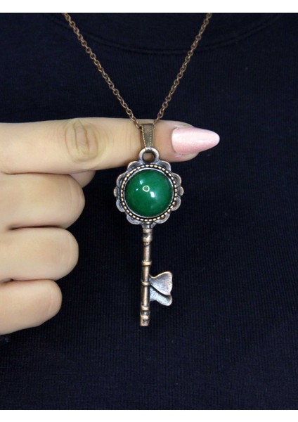 Doğal Taş Yeşil Akik Doğal Taşlı Antik Anahtar Model Kadın Kolye EUK35YA