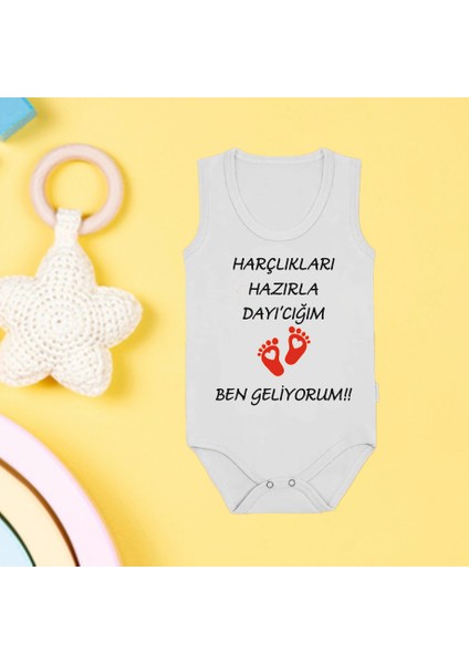 Harçlıkları Hazırla Dayıcığım Baskılı Beyaz Pamuklu Body Çıtçıtlı Zıbın