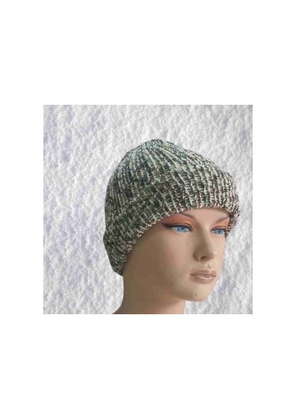 El Örgüsü Doğal Yün ve Akrilik Karışımlı Sıcacık Kış Beresi Yeşil Karışık Renk