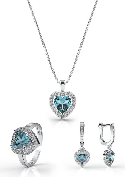925 Ayar Akuamarin Taşlı Rodyum Pırlanta Işıltılı Kalp 3'lü Gümüş Set-Takım *ayarlanabilir modelleri