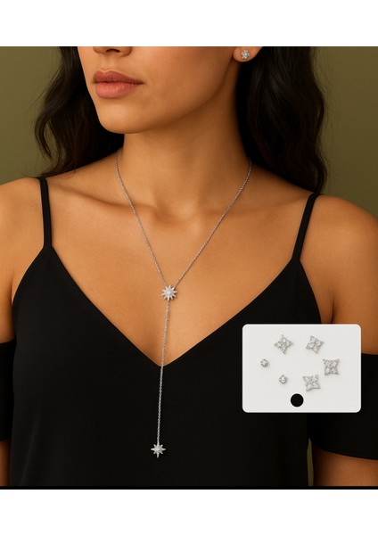 Yıldız Şeklinde Çelik Y Kolye ve Küpe Seti