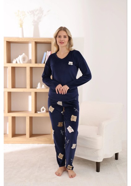 Kadın Fransız Kumaş V Yaka Ayıcık Baskılı Lacivert Pijama Takımı